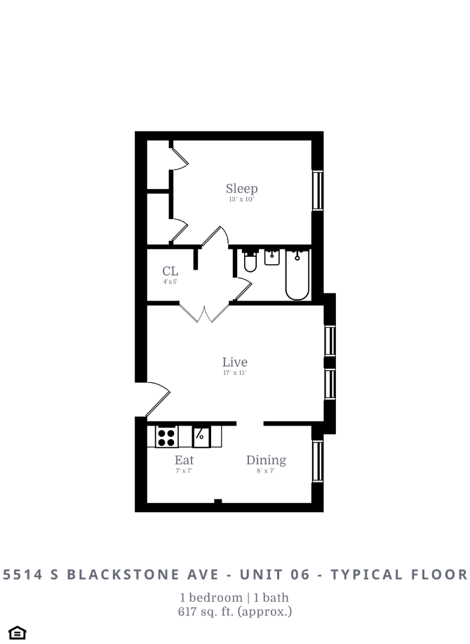 Floor plan for 1 bed, 1 bath, 617 sqft
